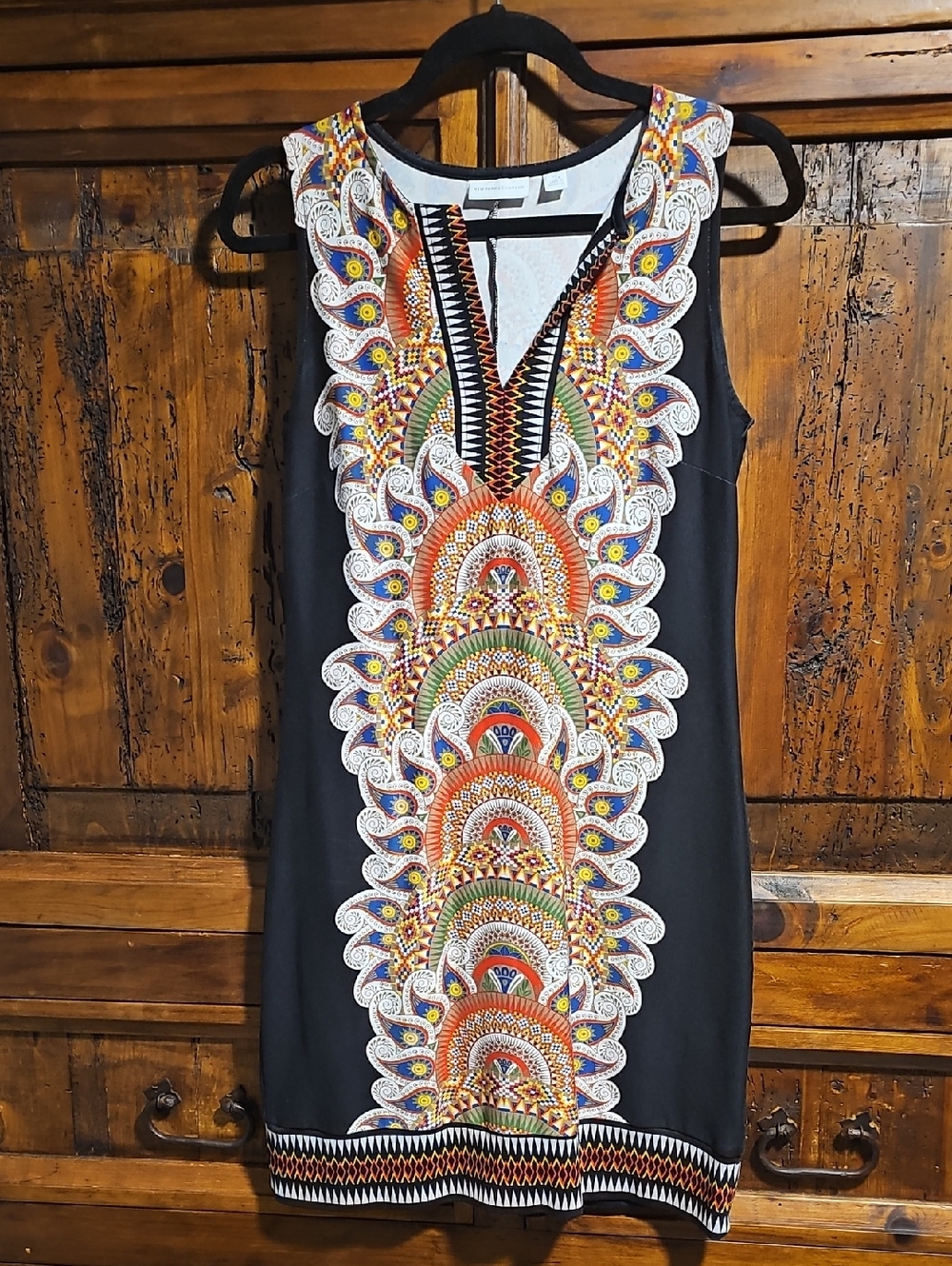 New York & Company Black Mini Dress with Multicolor Embroidered Panel